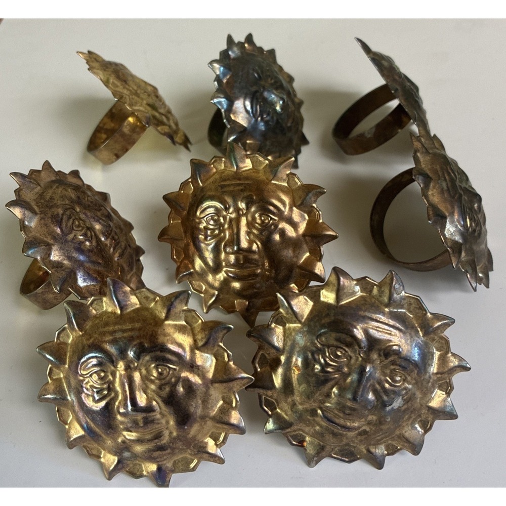 Napkin Rings Celestial Sun Face Brass‎ Tone Metal Set Of 8 Vintage